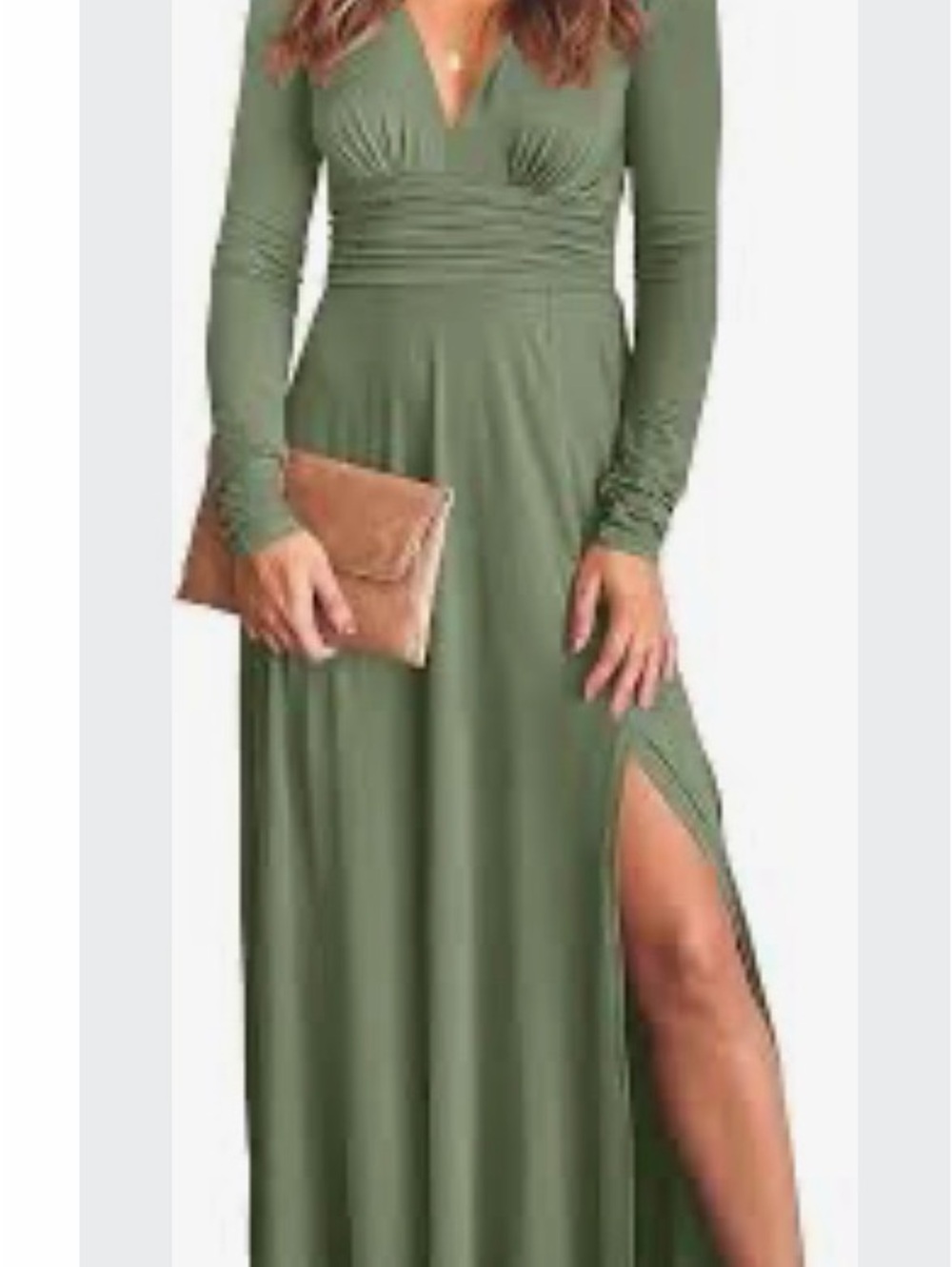 Ruched V-Neck Long Sleeve Maxi Dress in Olive Green